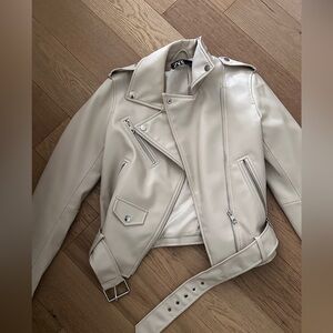 ZARA cream beige moto leather jacket S